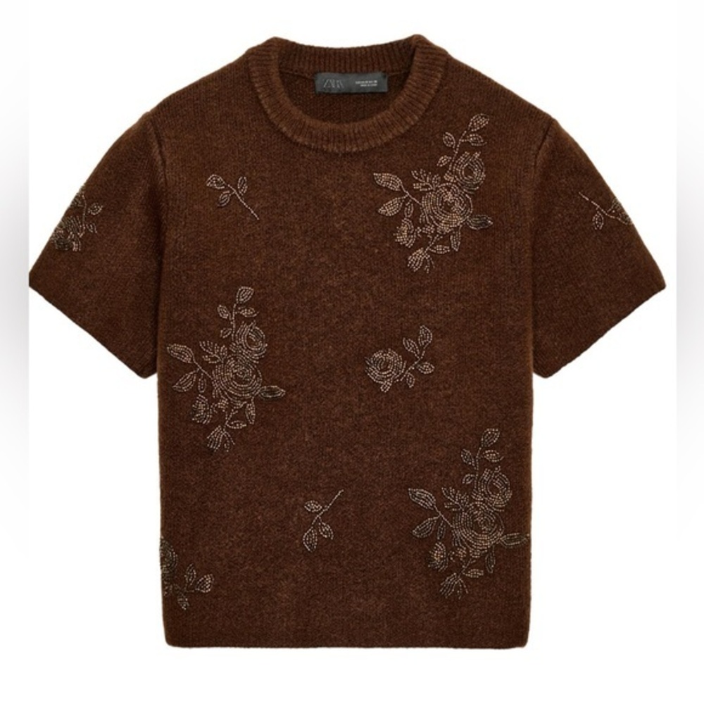 ZARA Brown Beaded Floral Sweater Top — Gold Embellished Knit — NWT — Size M